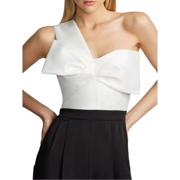 NWT Zac Posen Womens One Shoulder Bow Wide Leg Jumpsuit 8 Black/White-F9 - Picture 5 of 10